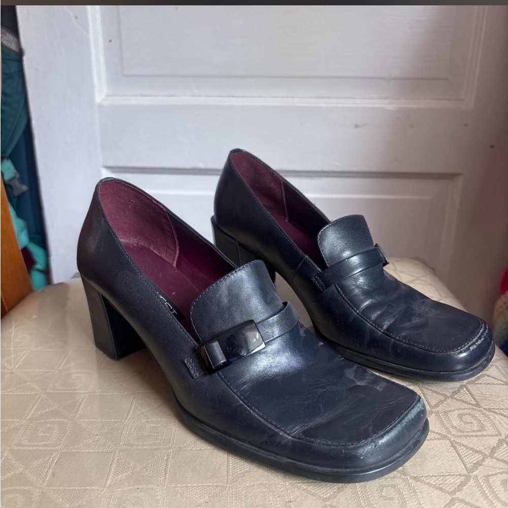 Nine West Black Leather Block Heel Loafers